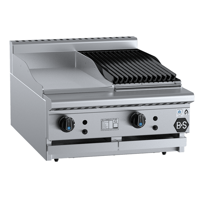 B+S Black Combination 300mm Grill Plate & 300mm Char Broiler Bench Mounted LPG