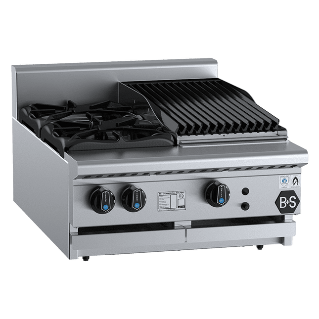 B+S Black Combination Two Open Burners & 300mm Char Broiler Bench Mounted Natural Gas