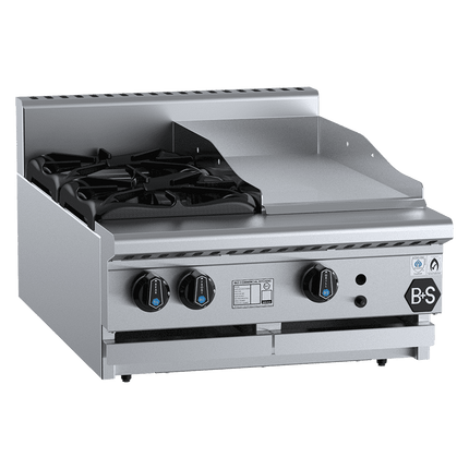 B+S Black Combination Two Open Burners & 300mm Grill Plate Bench Mounted Natural Gas