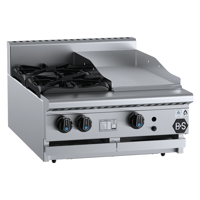 B+S Black Combination Two Open Burners & 300mm Grill Plate Bench Mounted Natural Gas
