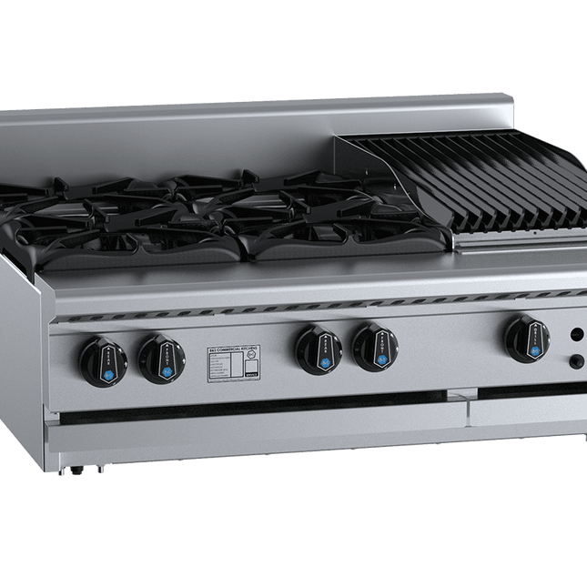 B+S Black Combination Four Open Burners & 300mm Char Broiler Bench Mounted Natural Gas