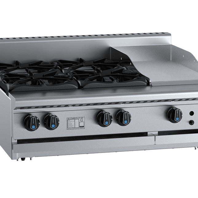 B+S Black Combination Four Open Burners & 300mm Grill Plate Bench Mounted Natural Gas