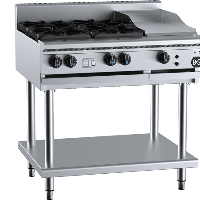 B+S Black Combination Four Open Burners & 300mm Grill Plate Natural Gas