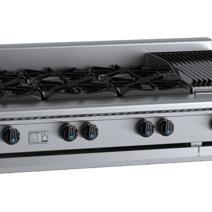 B+S Black Combination Six Open Burners & 300mm Char Broiler Bench Mounted Natural Gas