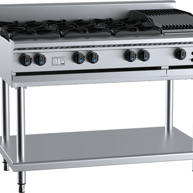 B+S Black Combination Six Open Burners & 300mm Char Broiler Natural Gas