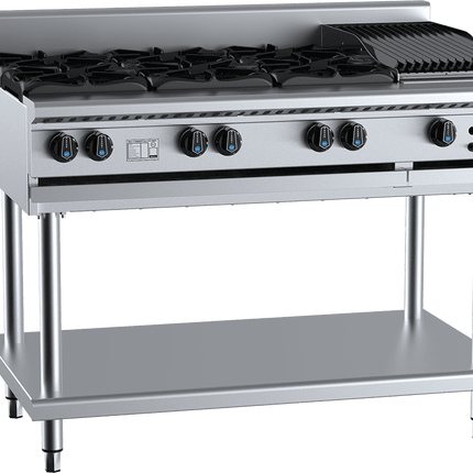 B+S Black Combination Six Open Burners & 300mm Char Broiler LPG