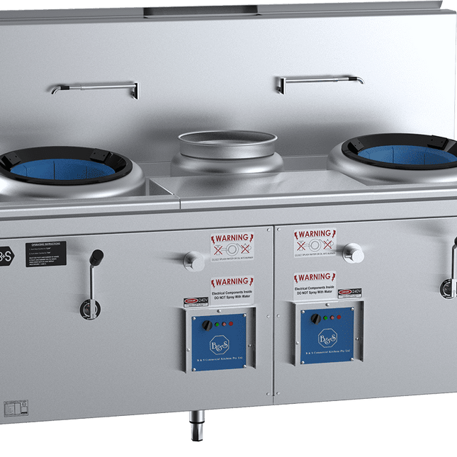 B+S Black Double Hole Hi Pac Wok with Centre Pot and Prep Table Natural Gas