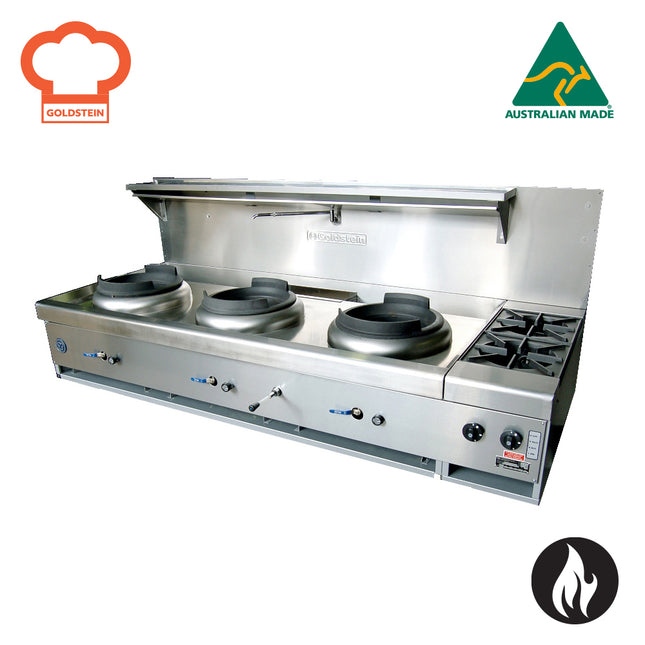 Goldstein Gas 3 Woks 356 mm Diameter, 2 Open Burners, CWA2B2D/R Dual Ring Burner CWA3B2