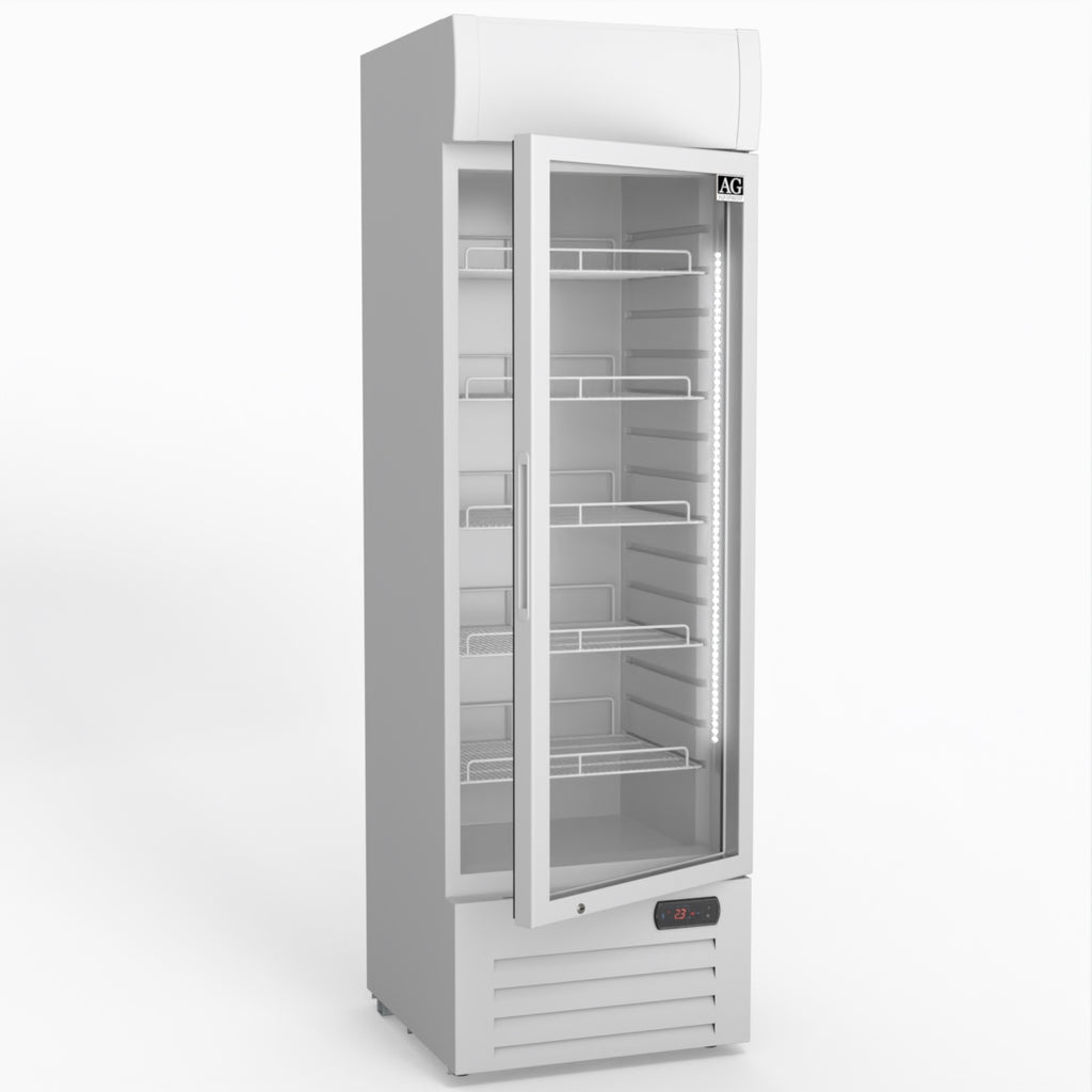 AG 383L Upright Glass Door Display/Drinks Fridge - White with Light Box DF383WL