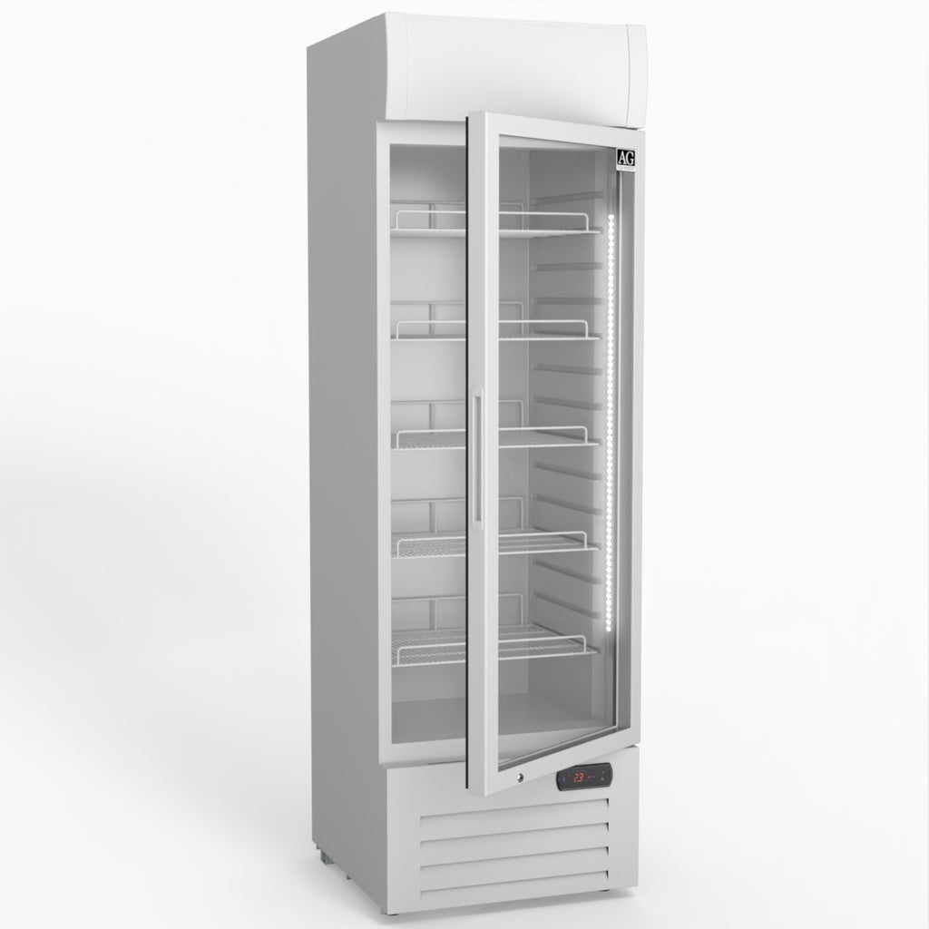 AG 383L Upright Glass Door Display/Drinks Fridge - White with Light Box DF383WL
