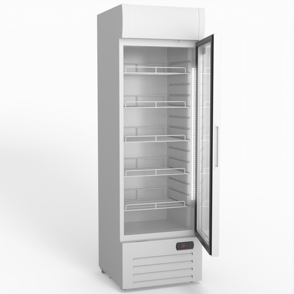 AG 383L Upright Glass Door Display/Drinks Fridge - White with Light Box DF383WL