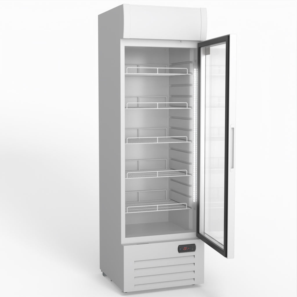 AG 383L Upright Glass Door Display/Drinks Fridge - White with Light Box DF383WL