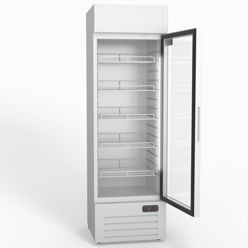 AG 383L Upright Glass Door Display/Drinks Fridge - White with Light Box DF383WL