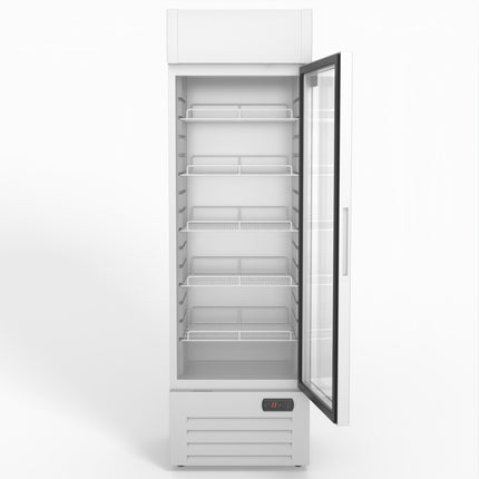 AG 383L Upright Glass Door Display/Drinks Fridge - White with Light Box DF383WL