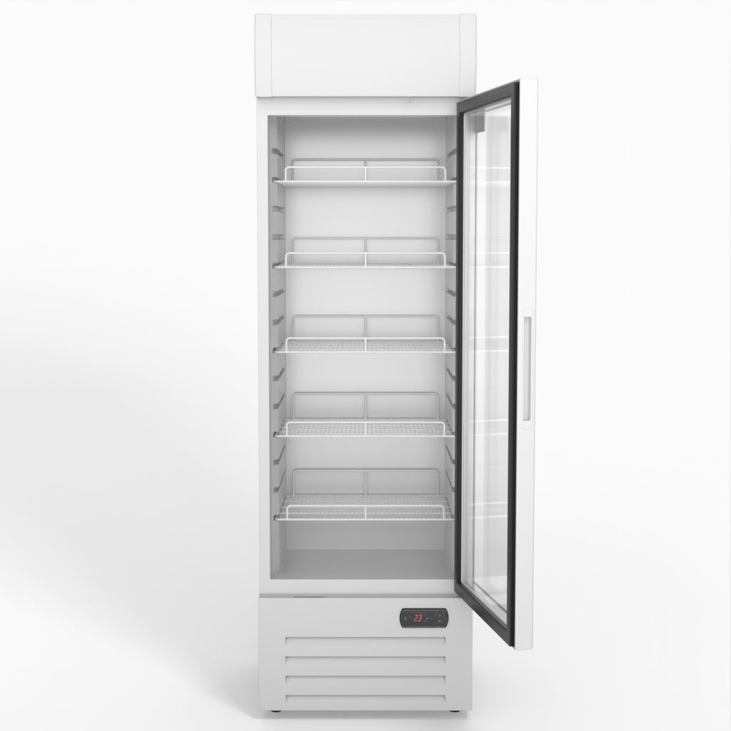 AG 383L Upright Glass Door Display/Drinks Fridge - White with Light Box DF383WL