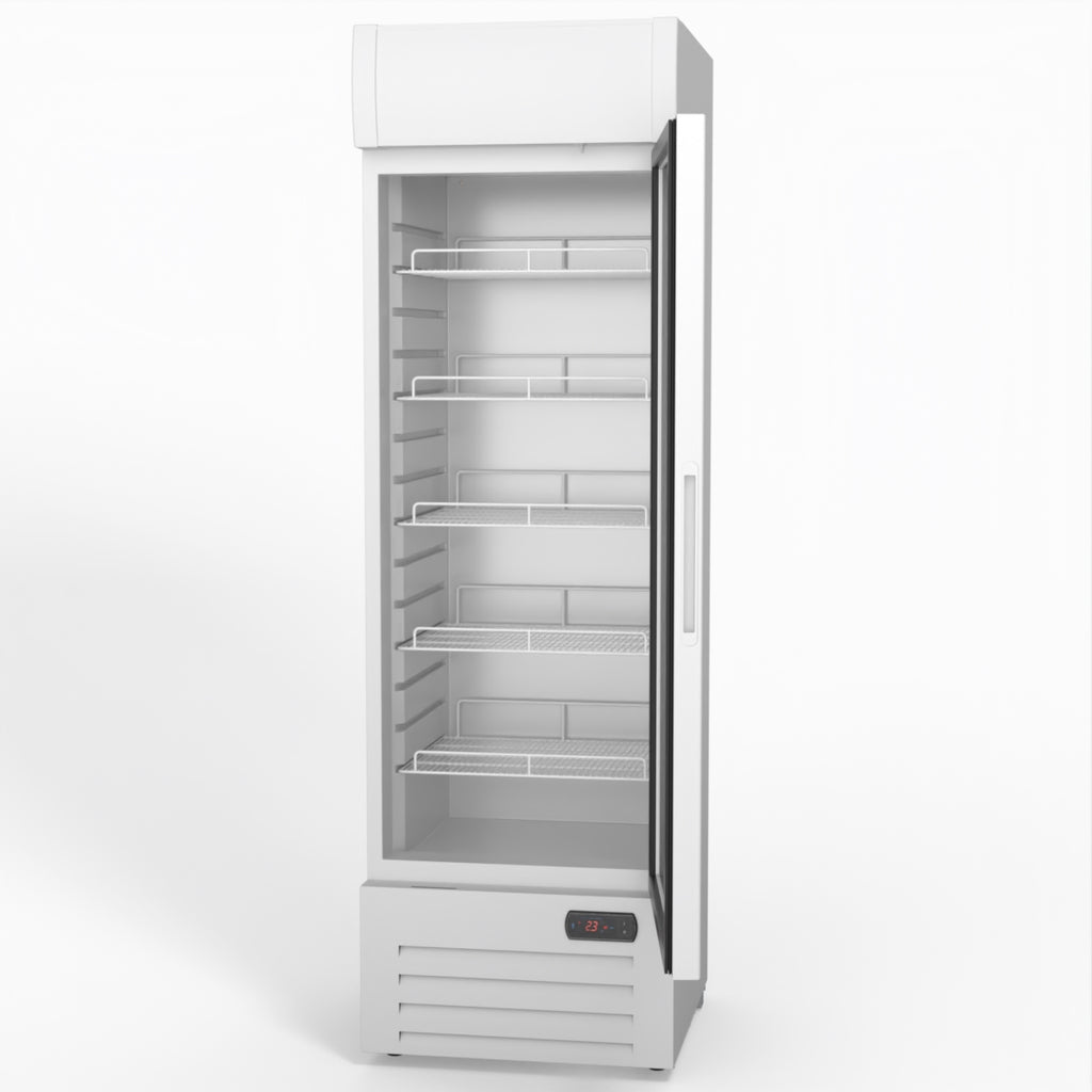 AG 383L Upright Glass Door Display/Drinks Fridge - White with Light Box DF383WL