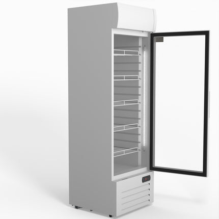 AG 383L Upright Glass Door Display/Drinks Fridge - White with Light Box DF383WL
