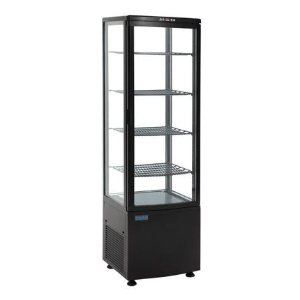 A tall black Polar C-Series curved door display fridge with glass sides and multiple shelves inside.
