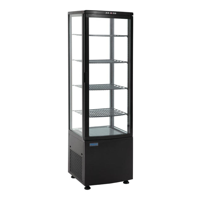 A tall black Polar C-Series curved door display fridge with glass sides and multiple shelves inside.