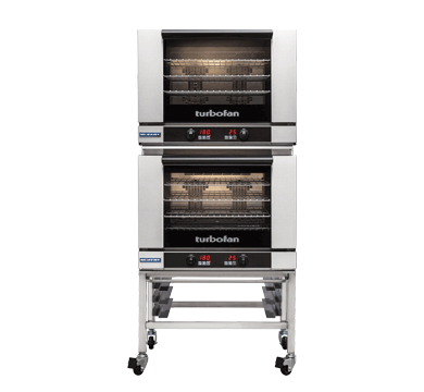Turbofan E28T4/2C - Full Size Electric Convection Ovens Touch Screen Control Double Stacked on a Stainless Steel Base Stand