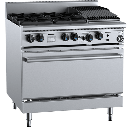 B+S Black Oven with Four Open Burners & 300mm Char Broiler Natural Gas