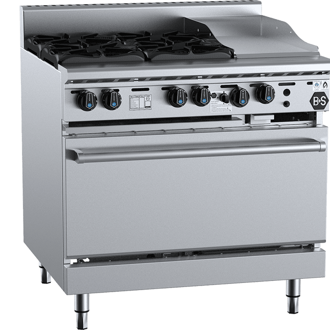 B+S Black Oven with Four Open Burners & 300mm Grill Plate Natural Gas