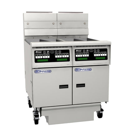 Pitco Electric Fryer Split Tank , Computer Control, Filter Drawer On Casters, Flush Hose, Double Fryer Bank On Casters SE14T-C/FD/FF
