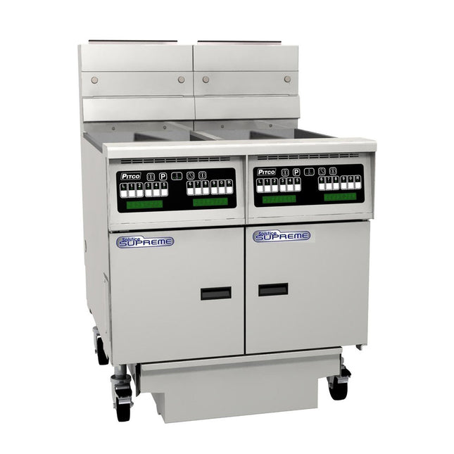 Pitco Electric Fryer Split Tank , Computer Control, Filter Drawer On Casters, Flush Hose, Double Fryer Bank On Casters SE14T-C/FD/FF