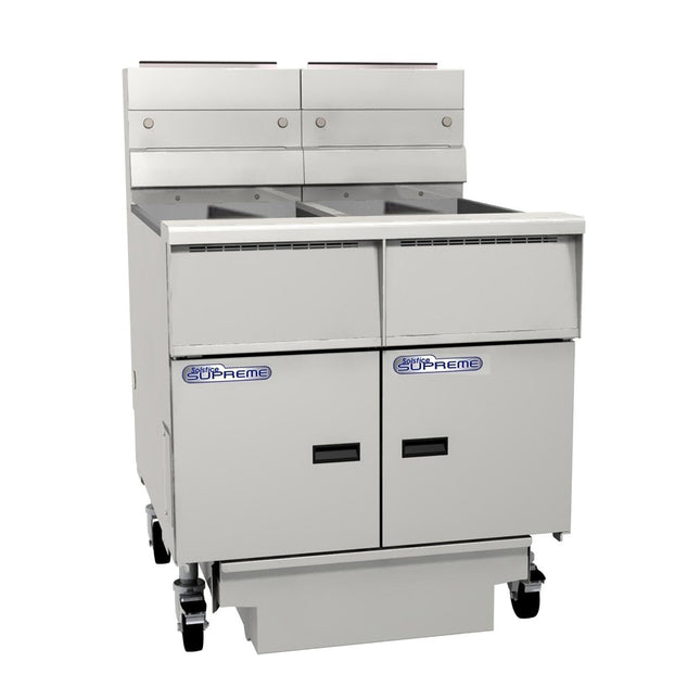 Pitco Electric Fryer Split Tank, Solid State Control, Filter Drawer On Casters, Flush Hose, Double Fryer Bank On Casters SE14T-FD/FF