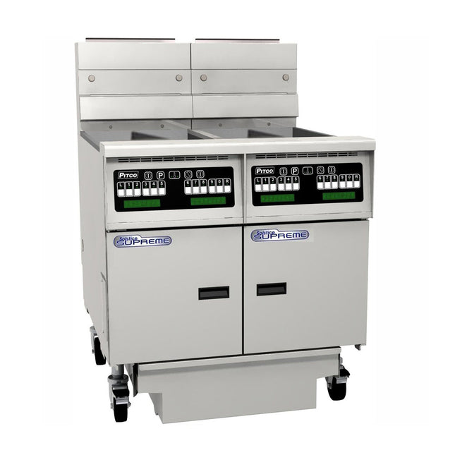 Pitco Gas Fryer Split Tank, Computer Control, Filter Drawer On Casters, Flush Hose, Double Fryer Bank On Casters SSH55T-C/FD/FF