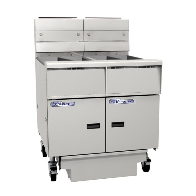 Pitco Gas Fryer Split Tank, Solid State Control, Filter Drawer On Casters, Flush Hose, Double Fryer Bank On Casters SSH55T-FD/FF