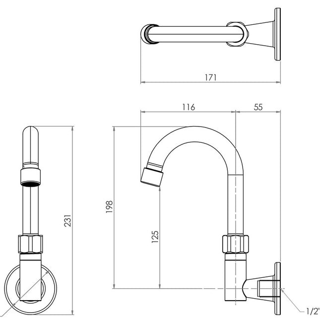 3Monkeez Stainless Steel Wall Elbow with Gooseneck Swivel Spout - 7" Spout