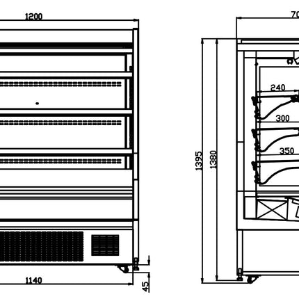 Thermaster Self-Serve Curve Open Display 285L OP-1270C ldimensions