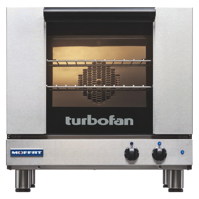 Turbofan oven with glass door and control knobs on a white background