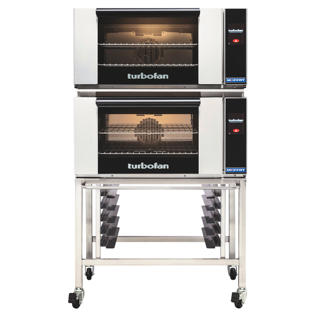 Turbofan E27T2/2C - Full Size Electric Convection Ovens Touch Screen Control Double Stacked on a Stainless Steel Base Stand