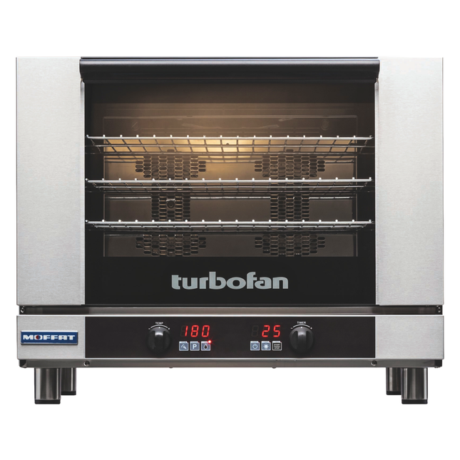 Turbofan convection oven with digital display on a white background