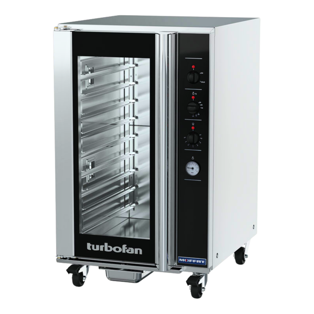 Commercial oven with glass door and control panel on a white background, featuring the Turbofan brand.