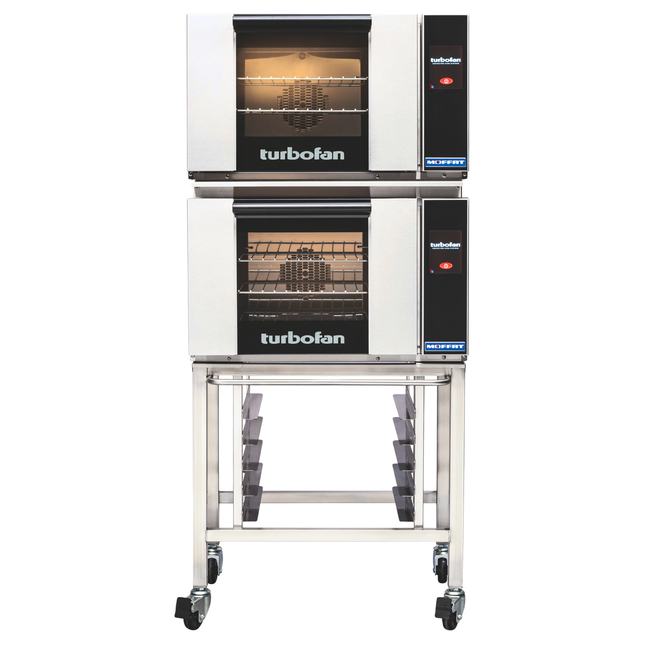 Turbofan E23T3/2 - Half Size Electric Convection Ovens Touch Screen Control Double Stacked on a Stainless Steel Base Stand