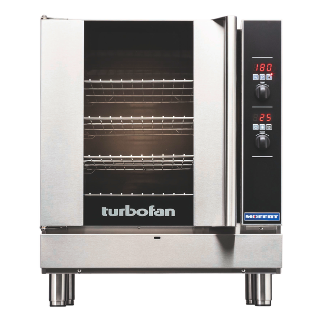 Stainless steel commercial oven with digital display on a white background