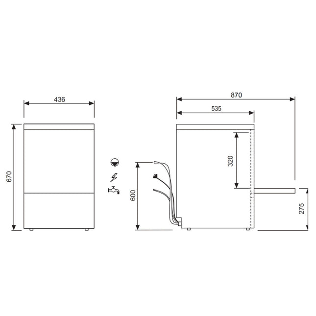 Blast Wash AT40U undercounter glasswasher — dimensions line drawing