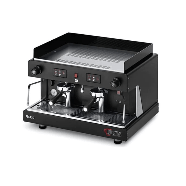 Wega Pegaso 2 Group espresso machine showing twin group heads and steam wands