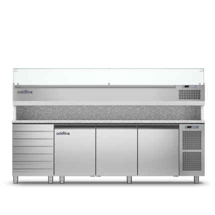 Coldline 3 Door + Drawers Pizza Preparation Counter with Granite worktop -2•+8•C and Display Case -2 +10•C TZ17/1MC VP