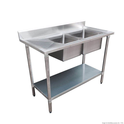 F.H.E right-hand double sink bench with galvanised undershelf