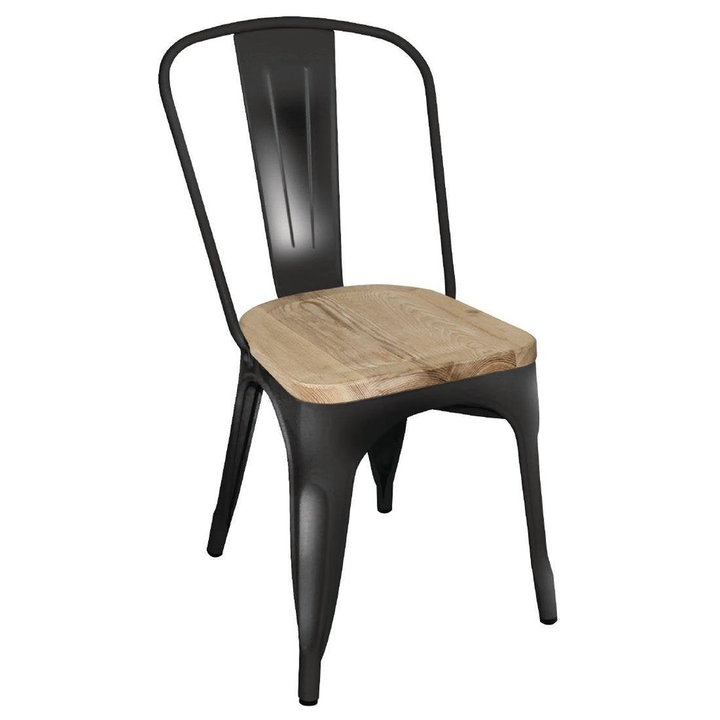 Bolero Steel Dining Side Chairs with Wooden Seat pads Black (Pack of 4)