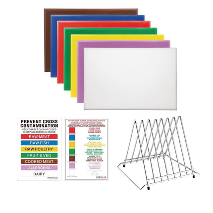 Hygiplas High Density Set of 7 Chopping Boards, Steel Rack & Wall Chart - 600x450x25mm - FY993