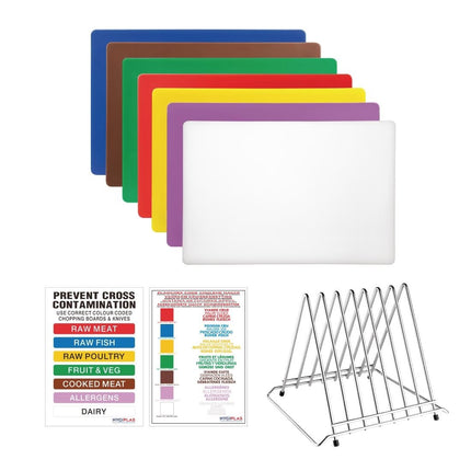 Hygiplas Low Density Set of 7 Chopping Boards, Steel Rack & Wall Chart - 300x450x20mm - FY994
