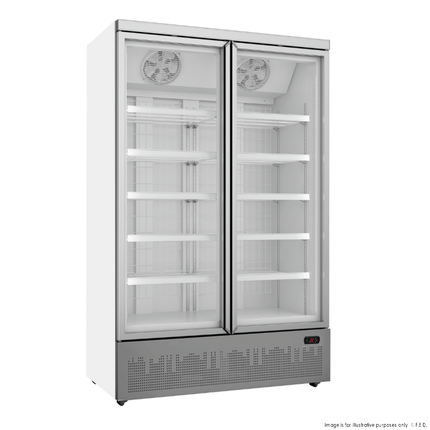 Thermaster LG-1000GBMF Double Door Display Freezer — empty unit with wire shelves
