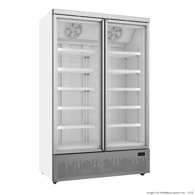 Thermaster LG-1000GBMF Double Door Display Freezer — empty unit with wire shelves