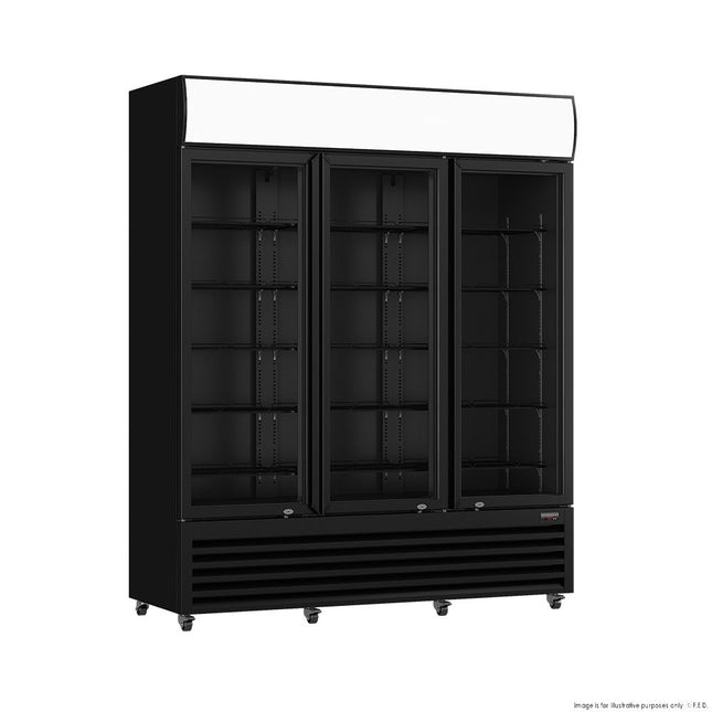 Thermaster LG-1203BP Three Glass Door Black Upright Drink Fridge — front angle view