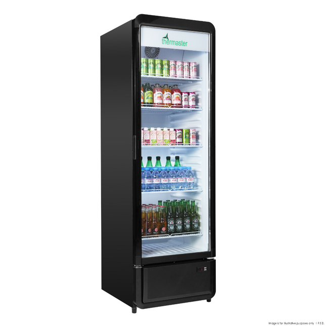 Thermaster SDC-343B Upright Glass Door Beverage Fridge — front 3/4 view